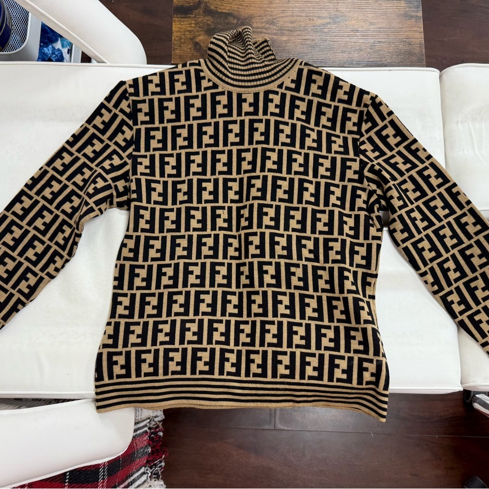 Authentic Fendi Black and Tan Logo Turtleneck